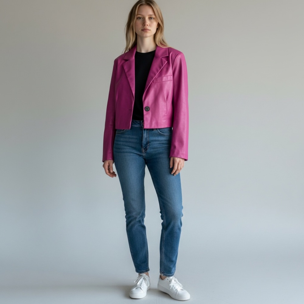 7 for All Mankind Pink Vegan Leather Cropped Moto Jacket